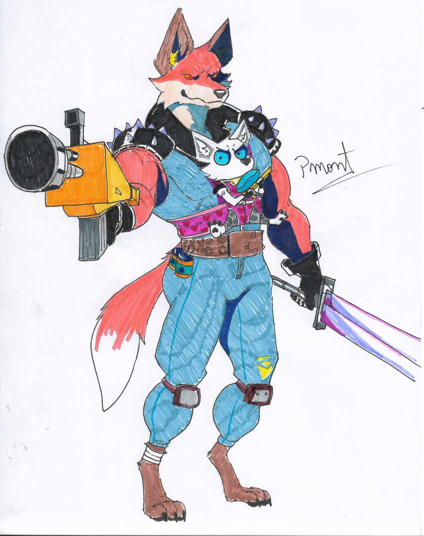 absurd_res anthro baby babysitter barazoku canid canine canis clothed clothing duo epic_games fennix_(fortnite) fortnite fox hi_res holding_object holding_weapon male mammal melee_weapon muscular muscular_anthro muscular_male pinumontbalou spikes sword tail volpez_(fortnite) weapon young