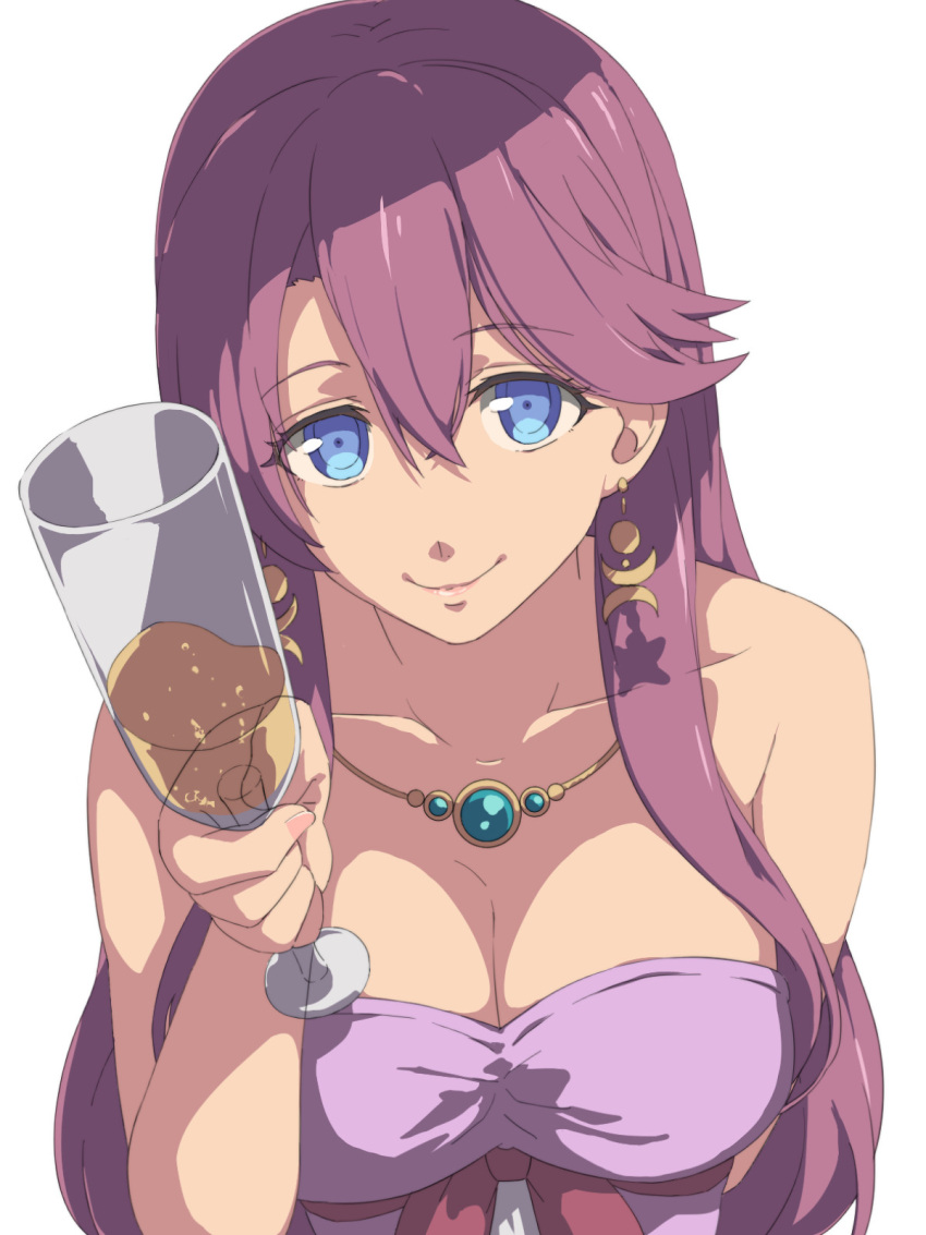 1girl alcohol armpit_crease blue_background blue_eyes breasts chiharu_(9654784) cleavage collarbone commentary_request cup double-parted_bangs drink earrings eiyuu_densetsu emma_millstein gem gradient_background green_gemstone hair_between_eyes highres holding holding_cup jewelry large_breasts leaning_forward long_hair looking_at_viewer necklace purple_hair sen_no_kiseki simple_background smile solo white_background