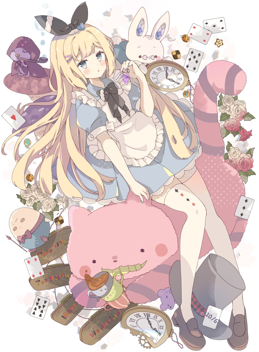 1girl :o absurdres alice_(alice_in_wonderland) alice_in_wonderland apron black_bow black_headwear black_ribbon blonde_hair blue_dress blue_eyes blue_nails blush bow bubble card caterpillar_(alice_in_wonderland) checkerboard_cookie cheshire_cat_(alice_in_wonderland) club_(shape) collared_dress commentary_request cookie cup diamond_(shape) dress drink_me flower food frilled_apron frills full_body hair_ornament hair_ribbon hairclip hat heart highres holding holding_smoking_pipe humpty_dumpty long_hair looking_at_viewer multicolored_nails mushroom nail_polish parted_lips pince-nez pink_nails playing_card pocket_watch print_thighhighs puffy_short_sleeves puffy_sleeves red_flower red_rose ribbon roman_numeral rose short_sleeves smoking_pipe solo_focus striped_tail tail teacup thighhighs top_hat tsukiyo_(skymint) very_long_hair watch white_apron white_flower white_rabbit_(alice_in_wonderland) white_rose white_thighhighs