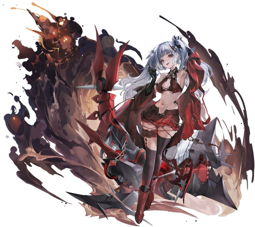 1girl asymmetrical_legwear azur_lane bikini bikini_top_only black_bikini black_gloves black_thighhighs boots breasts cape chain cleavage frills full_body garter_straps gloves grey_hair hair_ornament highres jewelry long_hair looking_at_viewer medium_breasts midriff navel non-web_source official_art open_mouth pleated_skirt purple_eyes red_cape red_footwear red_skirt rigging skirt smile solo stomach_tattoo swimsuit tattoo thigh_strap thighhighs twintails u-556_(azur_lane) u-556_(meta)_(azur_lane) water