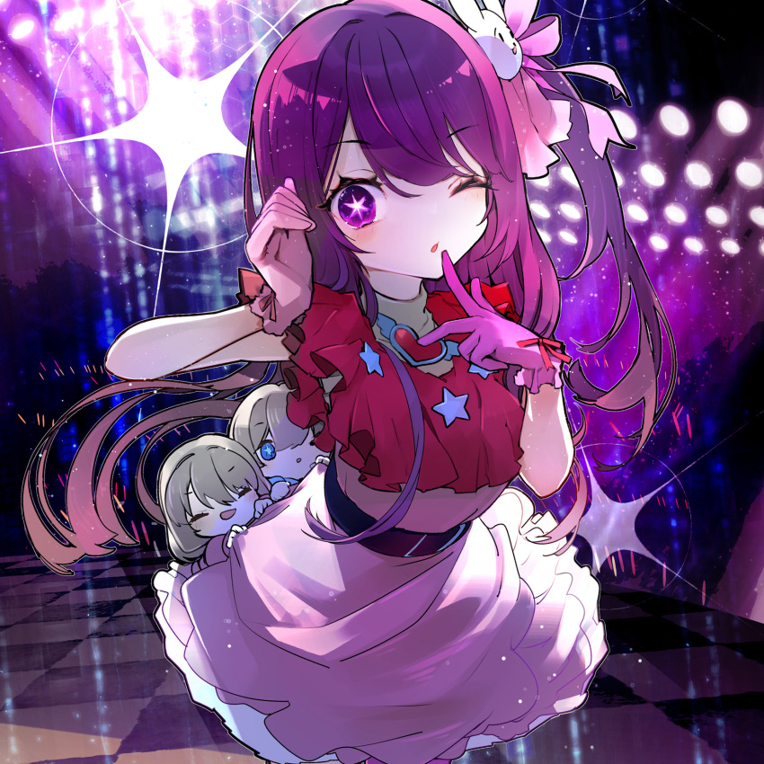 1boy 2girls :o audience belt black_belt blonde_hair blue_eyes blush brooch closed_eyes cowboy_shot dress finger_to_mouth frilled_dress frilled_gloves frills gloves glowstick hair_between_eyes hair_ornament hair_ribbon hands_up heart heart_brooch highres hoshino_ai_(oshi_no_ko) hoshino_aquamarine hoshino_ruby idol idol_clothes jewelry light_particles long_hair looking_at_viewer mother_and_daughter mother_and_son multiple_girls one_eye_closed one_side_up oshi_no_ko pink_dress pink_gloves pink_ribbon purple_eyes purple_hair rabbit_hair_ornament red_ribbon ribbon saya_(sayaya) short_hair siblings sidelocks silhouette sleeveless sleeveless_dress smile solo_focus sparkle stage_lights swept_bangs symbol-shaped_pupils turtleneck_dress twins