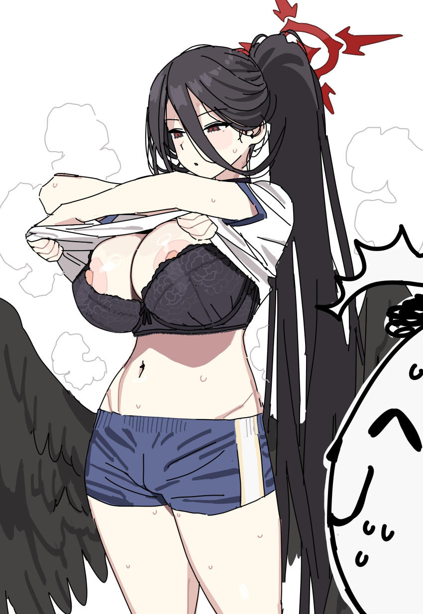 1girl absurdres arona's_sensei_doodle_(blue_archive) black_bra black_hair black_wings blue_archive bra breasts commentary cowboy_shot feathered_wings gym_shirt gym_shorts gym_uniform halo hasumi_(blue_archive) hasumi_(track)_(blue_archive) highres huge_breasts imamura_ryou lace lace_bra large_areolae large_wings lingerie long_hair low_wings midriff navel nipple_slip nipples official_alternate_costume ponytail red_eyes red_halo sensei_(blue_archive) shirt short_sleeves shorts simple_background solo_focus steaming_body underwear undressing very_long_hair white_background wings