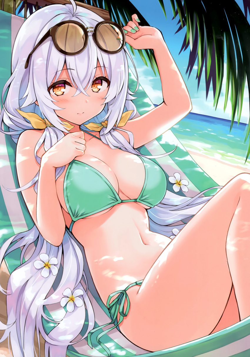 1girl absurdres bare_arms bare_shoulders beach bikini blue_sky blush breasts cleavage closed_mouth cloud cloudy_sky cu-no day eyewear_on_head fingernails flower highres hisen_kaede long_hair looking_at_viewer medium_breasts nail_polish navel ocean original outdoors palm_leaf rapua_qive scan side-tie_bikini_bottom simple_background sky solo stomach striped sunglasses swimsuit water white_hair yellow_eyes