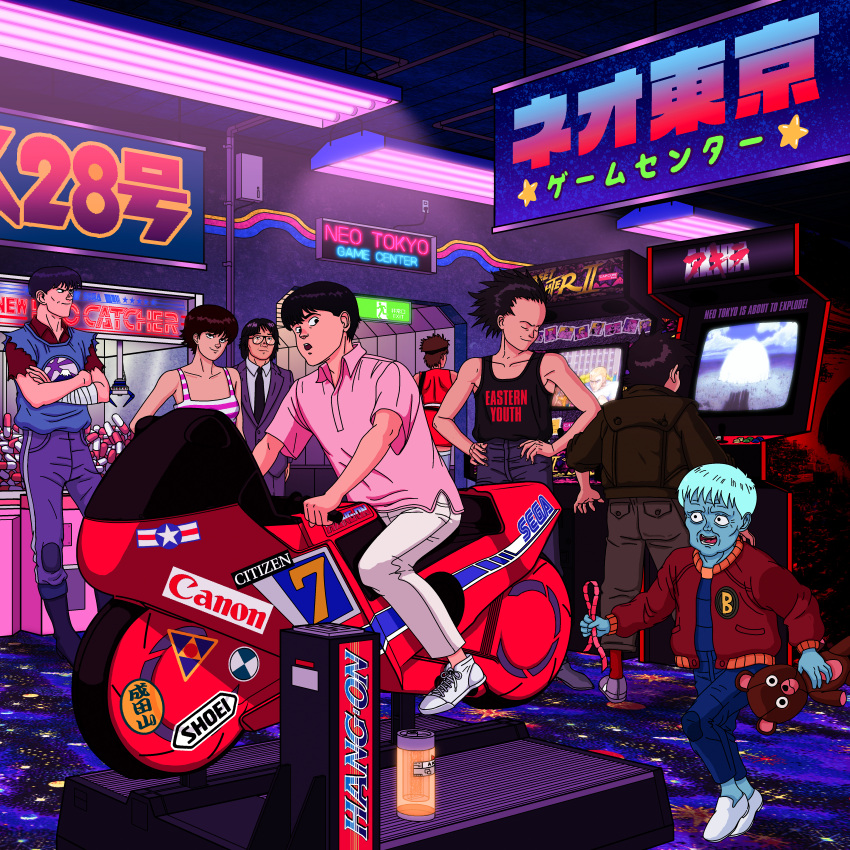 2girls 6+boys absurdres akira arcade blue_skin canon_(company) capsule citizen_(company) colored_skin crane_game english_text exit_sign highres jacket kai_(akira) kaneda_shoutarou's_bike kaneda_shoutarou_(akira) kei_(akira) motor_vehicle motorcycle multiple_boys multiple_girls otomo_katsuhiro_(style) philliptajalle sega shima_tetsuo street_fighter street_fighter_ii_(series) stuffed_animal stuffed_toy takashi_(akira) teddy_bear video_game yamagata_(akira)