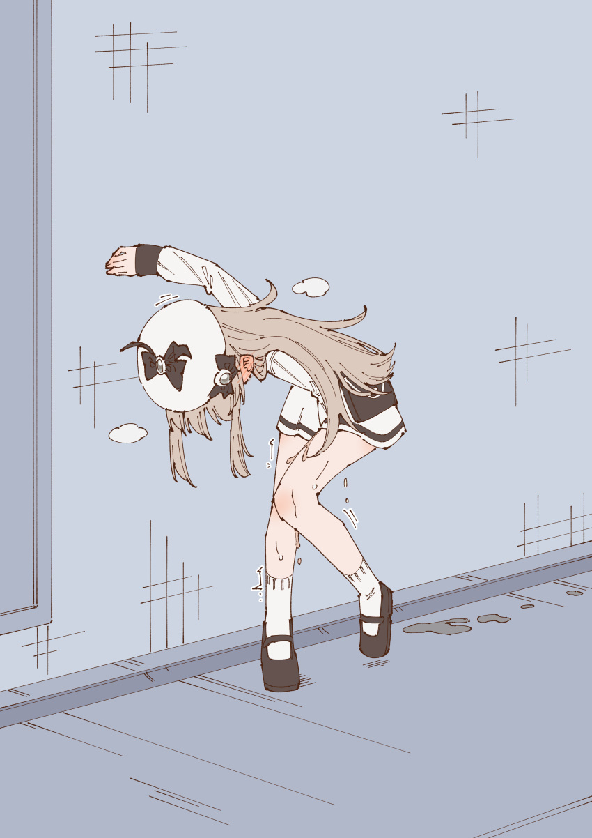 1girl absurdres against_wall alley arm_up bent_over beret between_legs black_bow blush bow breath brown_hair commentary_request ear_blush flat_color full_body grey_background grey_gemstone hand_between_legs hat hat_bow have_to_pee head_down heel_up highres ivorine_(rune_(dualhart)) knees_together_feet_apart leaning_forward legs long_hair long_sleeves miniskirt original outdoors partial_commentary pee peeing peeing_self rune_(dualhart) shirt sidelocks skirt solo standing sweat thighs tile_wall tiles trembling white_headwear white_shirt white_skirt