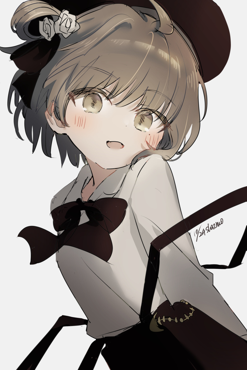 1girl arms_behind_back beret black_headwear black_ribbon black_skirt blush brown_eyes brown_hair collared_shirt commentary cowboy_shot dated dot_nose double_strap_slip eyes_visible_through_hair flower from_side grey_background hair_over_shoulder hat hat_flower hat_ribbon hatoba_tsugu head_tilt highres leaning_forward long_sleeves looking_at_viewer medium_hair mole mole_under_eye neck_ribbon open_mouth ribbon sha2mo shirt shirt_tucked_in signature simple_background single_hair_ring skirt smile solo strap_slip suspender_skirt suspenders tsugu_(vtuber) turning_head white_flower white_shirt wind