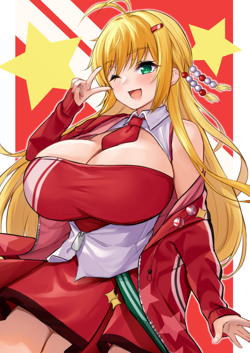 1girl antenna_hair blonde_hair blush breasts cleavage green_eyes hair_ornament hairclip highres huge_breasts jacket long_hair long_sleeves necktie one_eye_closed open_clothes open_jacket open_mouth red_jacket red_necktie smile solo star_(symbol) star_print tenneko_yuuri tsurumaki_maki v voiceroid