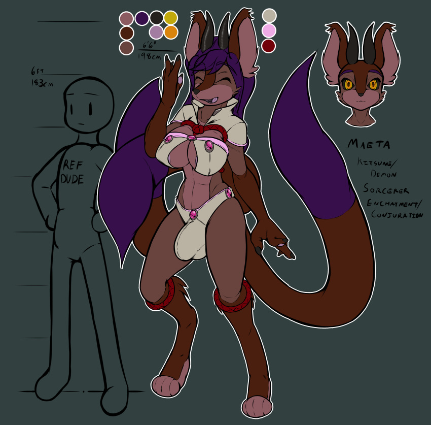 2023 absurd_res anthro arashidrgn areola big_breasts big_penis breasts bulge canid canine clothed clothing demon design_sheet fox fur genitals gynomorph hair hi_res intersex mammal multi_tail penis simple_background tail text