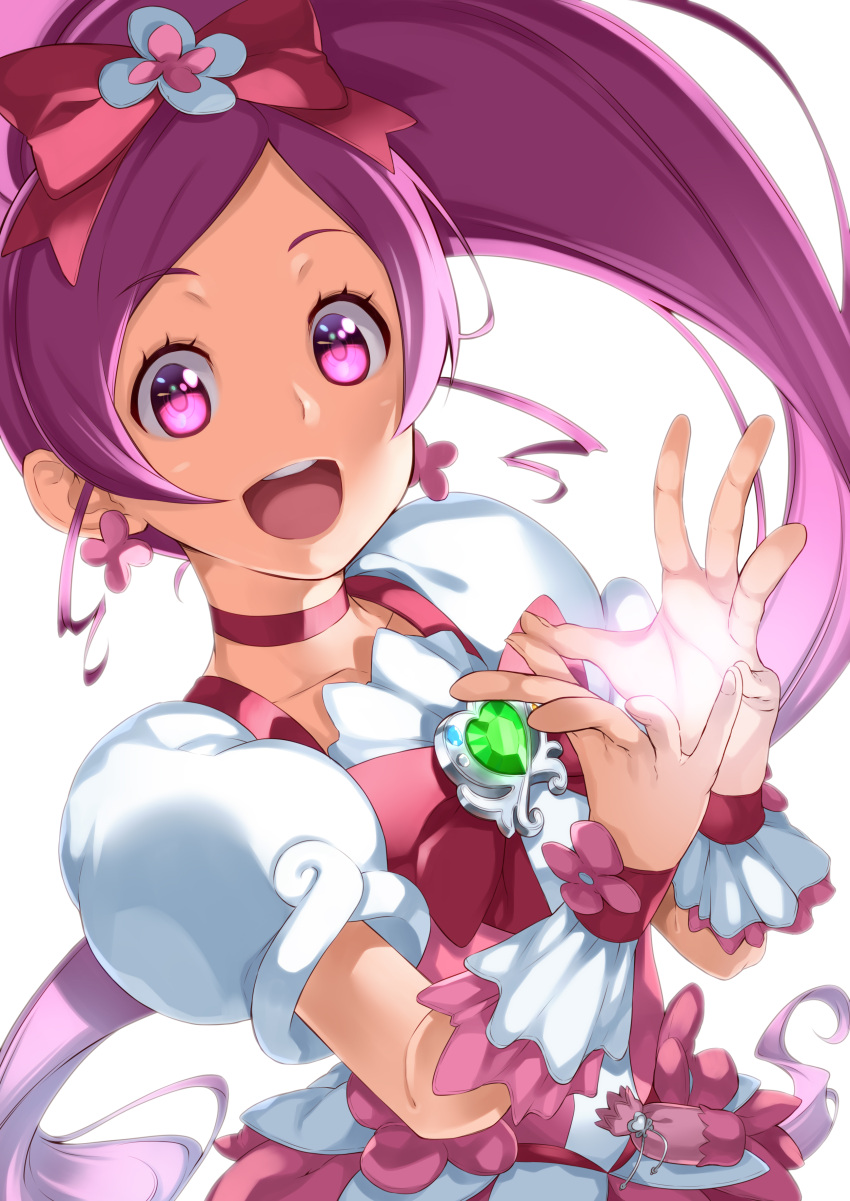 1girl absurdres bow brooch choker cure_blossom earrings hair_ornament hanasaki_tsubomi heart heart_brooch heartcatch_precure! high_ponytail highres jewelry long_hair looking_at_viewer magical_girl open_mouth pink_bow pink_choker pink_eyes pink_hair ponytail precure puffy_sleeves ribbon smile solo wide_ponytail yuuzii