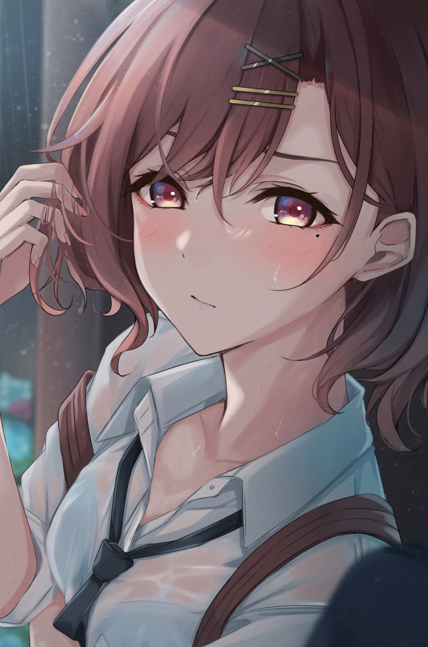 1girl black_necktie blush bra_visible_through_clothes brown_hair collared_shirt hair_ornament hairclip hand_in_own_hair highres higuchi_madoka idolmaster idolmaster_shiny_colors mole mole_under_eye nail_polish necktie purple_eyes rain see-through shirt short_hair solo swept_bangs wet wet_clothes wet_hair wet_shirt white_shirt yuzuyu_(hyui)