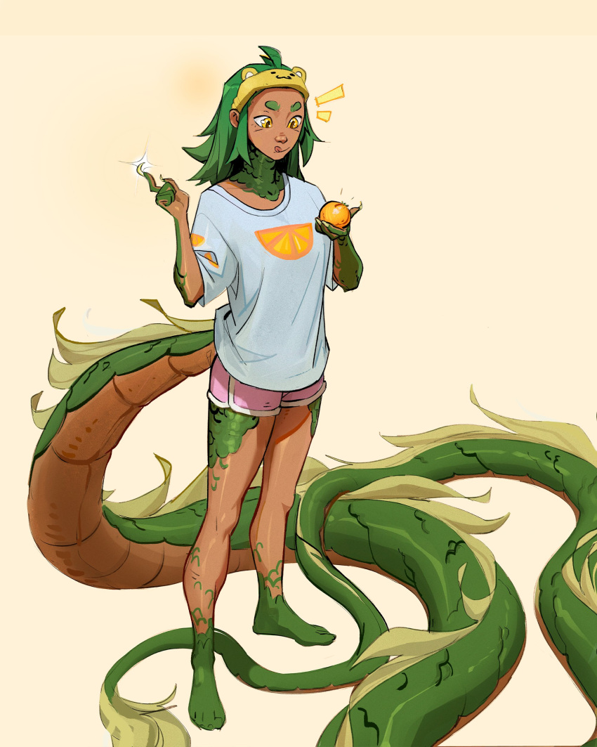 absurd_res accessory antwolph barefoot bottomwear claws_out clothed clothing dragon eastern_dragon feet female food fruit hair headband hi_res hotpants humanoid orange_(fruit) orange_slice plant scales shirt shorts skin smile solo tail tongue tongue_out topwear