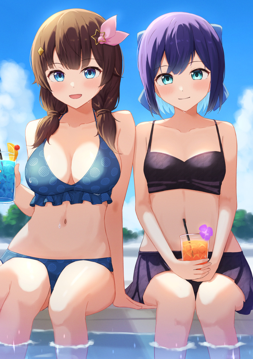 2girls :d a-chan_(hololive) aqua_eyes arm_at_side arm_support bare_arms bare_shoulders bikini bikini_skirt black_bikini blue_bikini blue_bow blue_eyes blue_hair blue_sky bow breasts brown_hair cleavage closed_mouth cloud collarbone dark_blue_hair day drink drinking_straw feet_out_of_frame frilled_bikini frills hair_between_eyes hair_bow hair_ornament hand_up hands_on_lap highres holding holding_drink hololive ice ice_cube light_blush looking_at_viewer low_twintails medium_breasts medium_hair multiple_girls navel open_mouth outdoors pleated_skirt pool print_bikini short_hair sitting skirt sky small_breasts smile soaking_feet star_(symbol) star_hair_ornament straight-on sunlight swimsuit tokino_sora twintails typho virtual_youtuber water wet