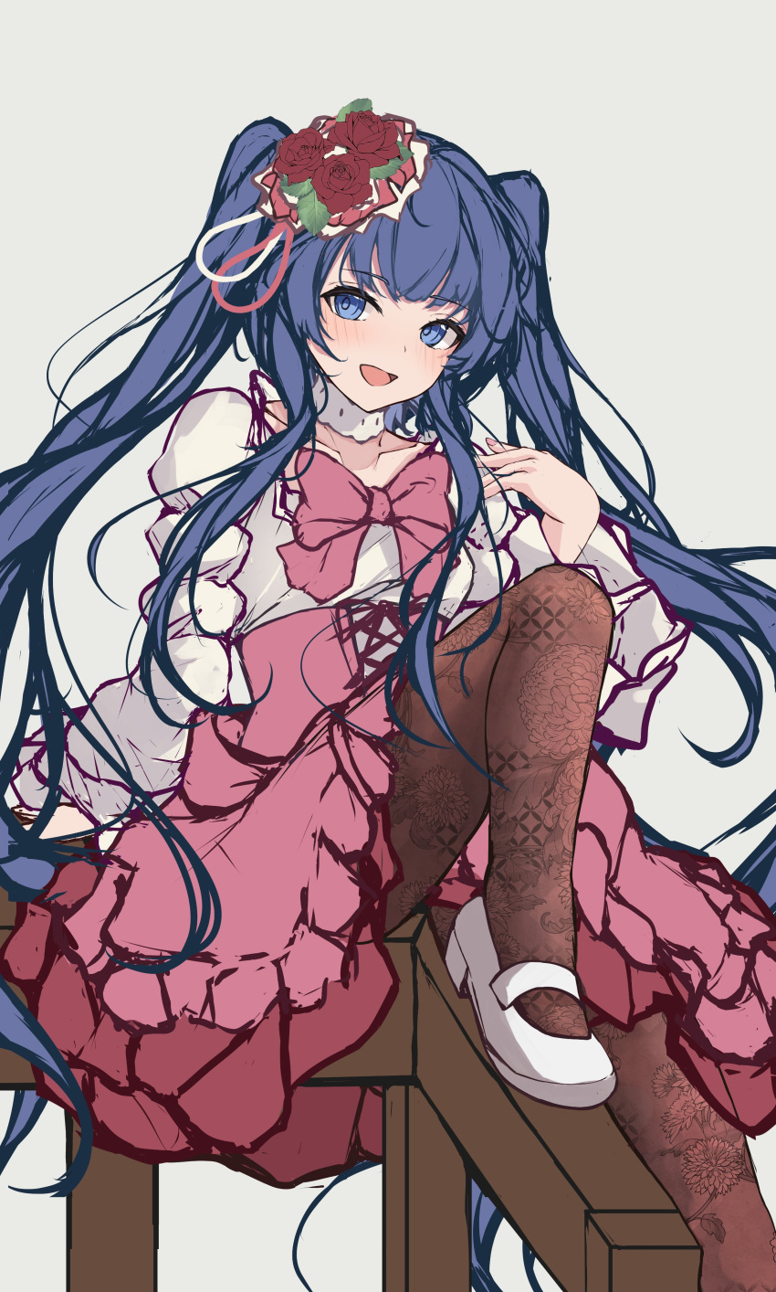 1girl :d absurdres blue_eyes blue_hair blush bow brown_pantyhose collarbone flower furudo_erika grey_background hair_flower hair_ornament hand_up high-waist_skirt highres juliet_sleeves knee_up long_hair long_sleeves looking_at_viewer orchid_(orukido) pantyhose pink_bow pink_skirt puffy_sleeves red_flower red_rose rose shippou_(pattern) shirt shoes sidelocks simple_background sitting skirt smile solo twintails umineko_no_naku_koro_ni very_long_hair white_footwear white_shirt wide_sleeves