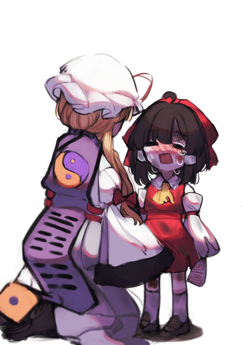 2girls aged_down black_hair blurry bow breasts child closed_eyes crying crying_with_eyes_open depth_of_field facing_another facing_away full_body hair_bow hakurei_reimu hat highres large_breasts mob_cap multiple_girls open_mouth purple_tabard red_bow red_skirt red_vest seiza short_hair sitting skirt standing tabard tears tohou89 touhou vest yakumo_yukari