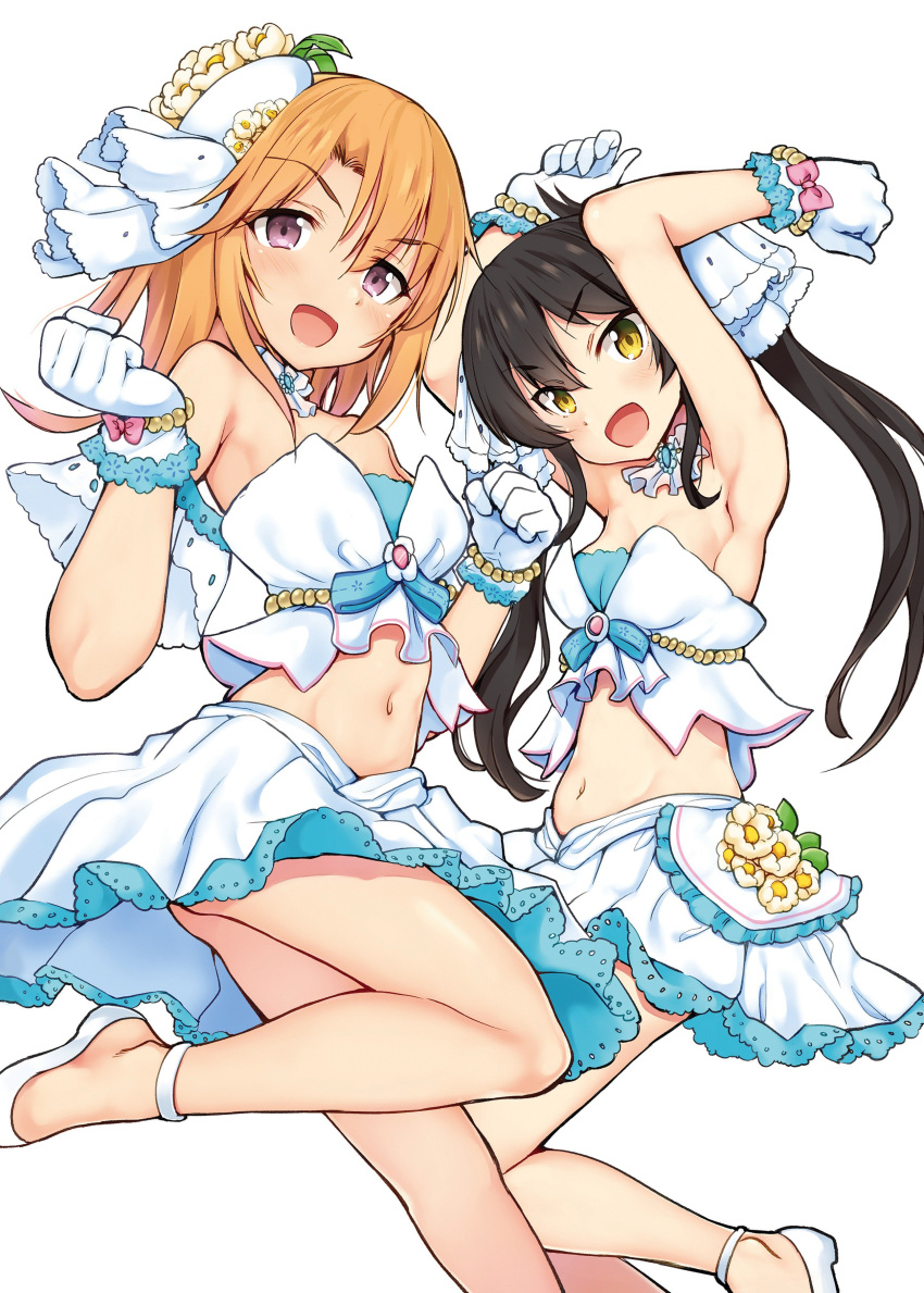 2girls absurdres ankle_strap arms_up asymmetrical_sleeves bare_shoulders bead_bracelet beads black_hair blush bracelet breasts clenched_hands collar crop_top detached_collar detached_sleeves flower gloves hair_between_eyes hands_up hat hat_flower highres idolmaster idolmaster_cinderella_girls idolmaster_cinderella_girls_starlight_stage jewelry kazuchi lace-trimmed_gloves lace-trimmed_skirt lace_trim leg_up long_hair looking_at_viewer matoba_risa midriff mini_hat mismatched_sleeves multiple_girls navel open_mouth orange_hair purple_eyes shoes simple_background single_detached_sleeve skirt small_breasts smile standing standing_on_one_leg strapless tube_top twintails white_background white_collar white_flower white_footwear white_gloves white_skirt white_sleeves white_tube_top yellow_eyes yuuki_haru