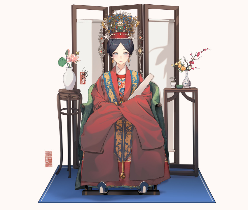 1girl absurdres anata_no_utahime_(lzr13708949567) blue_carpet chair chinese_clothes earrings folding_screen hanfu headdress highres jewelry lotus_root original parted_bangs seal_impression vase water_lily_flower