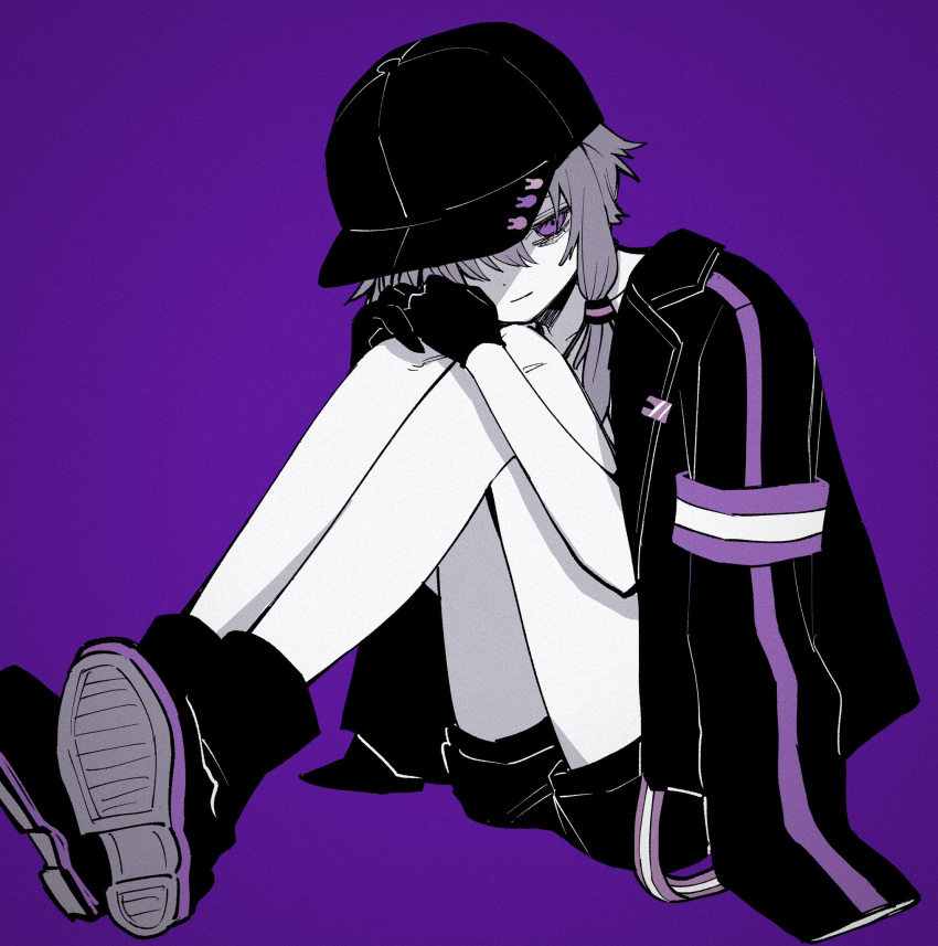 1girl a.i._voice bags_under_eyes baseball_cap boots collarbone commentary_request dokusanchu empty_eyes full_body gloves greyscale_with_colored_background half-closed_eye hands_on_own_knees hat head_on_knees highres jacket jacket_on_shoulders knees_up light_smile looking_at_viewer one_eye_covered purple_armband purple_eyes short_hair_with_long_locks short_shorts shorts simple_background sitting solo spot_color toes_up voiceroid yuzuki_yukari yuzuki_yukari_(nagi)