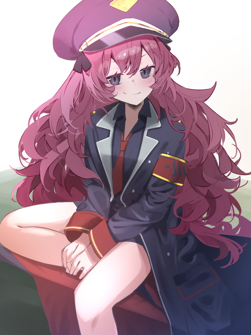 1girl armband black_coat black_headwear black_shirt blue_archive blush closed_mouth coat collared_shirt grey_eyes hair_between_eyes hat highres hiyayakko_(jfky2528) iroha_(blue_archive) long_hair long_sleeves looking_at_viewer necktie open_clothes open_coat peaked_cap red_armband red_hair red_necktie shirt sitting smile solo