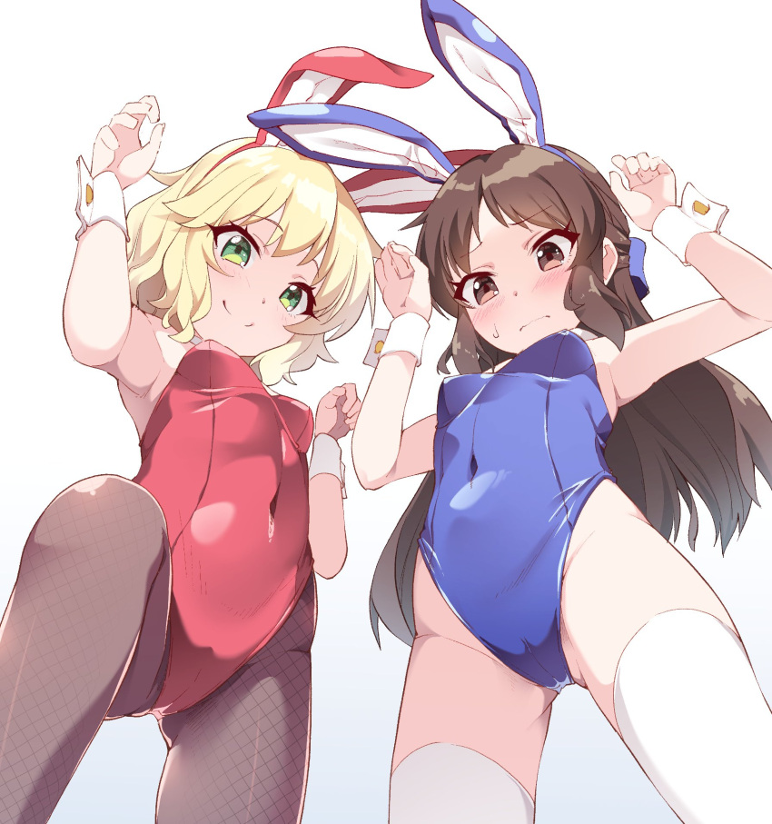 2girls animal_ears armpits black_pantyhose blonde_hair blue_bow blue_leotard blush bow breasts brown_eyes brown_hair cameltoe commentary_request covered_navel fake_animal_ears green_eyes hair_bow highres idolmaster idolmaster_cinderella_girls idolmaster_cinderella_girls_u149 leotard long_hair looking_at_viewer looking_down matatabi_(2ccp) multiple_girls pantyhose playboy_bunny rabbit_pose red_leotard sakurai_momoka small_breasts smile straight_hair sweatdrop tachibana_arisu thighhighs tight_clothes wavy_hair white_thighhighs wrist_cuffs