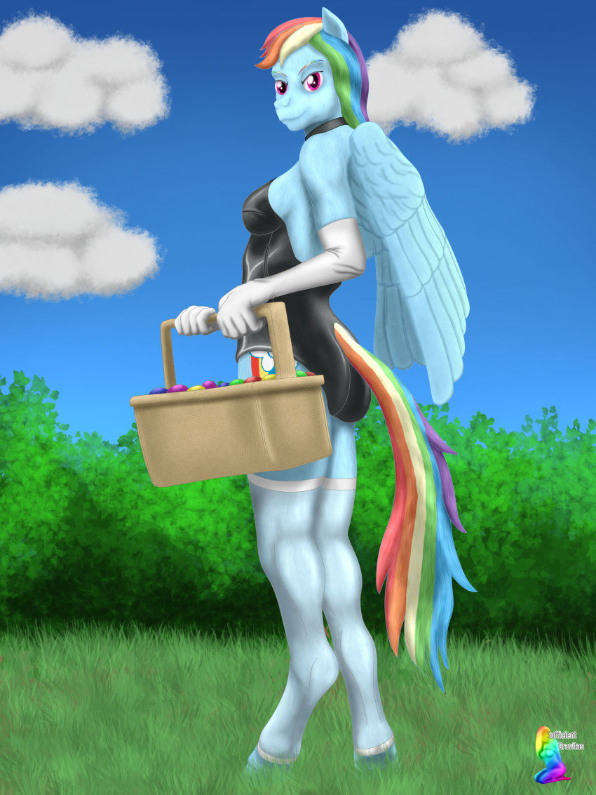 absurd_res anthro basket blue_sky breasts bunny_costume butt choker clothing cloud container costume cutie_mark easter easter_egg equid equine feathered_wings feathers female friendship_is_magic glistening glistening_clothing gloves grass hair handwear hasbro hi_res holidays hooves horse jewelry legwear leotard mammal my_little_pony necklace outside pegasus pinup plant pony pose rainbow_dash_(mlp) shrub sky solo standing stockings sufficient_gravitas tail thigh_highs wings