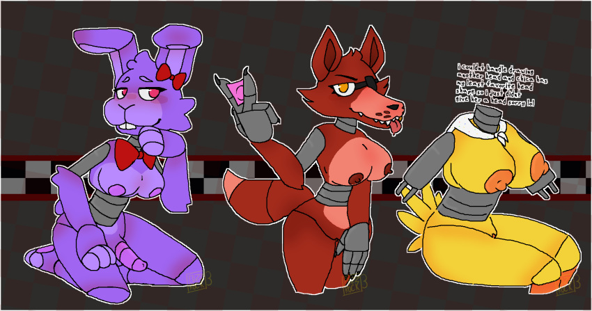 animatronic anthro areola avian balls bedroom_eyes big_breasts bird blush bonnie_(fnaf) bow_tie breasts canid canine chica_(fnaf) chicken condom condom_wrapper crossgender digital_media_(artwork) english_text erection eye_patch eyewear female five_nights_at_freddy's fox foxy_(fnaf) fur fuzzrock3 galliform gallus_(genus) genitals gynomorph hi_res huge_breasts intersex lagomorph leporid looking_at_viewer machine mammal mtf_crossgender mtg_crossgender mti_crossgender multiple_drawings narrowed_eyes nipples nude offering_condom penis phasianid purple_body purple_fur pussy rabbit red_body red_fur robot scottgames seductive sexual_barrier_device simple_background sitting smile solo teeth text thick_thighs tongue tongue_out wide_hips wrapped_condom