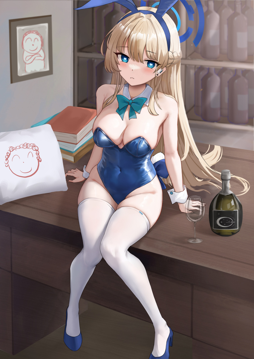 1girl absurdres animal_ears arona's_sensei_doodle_(blue_archive) bare_shoulders blonde_hair blue_archive blue_bow blue_eyes blue_hairband blue_leotard book bottle bow bowtie braid breasts closed_mouth cup cushion desk detached_collar drinking_glass earpiece fake_animal_ears full_body hairband halo heart heart-shaped_pupils high_heels highleg highleg_leotard highres krm_(user_paff3275) leotard long_hair looking_at_viewer medium_breasts official_alternate_costume official_alternate_hairstyle on_desk picture_frame playboy_bunny rabbit_ears sensei_(blue_archive) shelf sitting solo symbol-shaped_pupils thighhighs thighs toki_(blue_archive) toki_(bunny)_(blue_archive) very_long_hair white_thighhighs wrist_cuffs