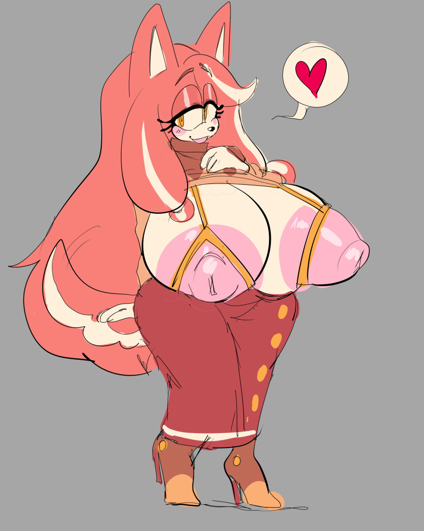 &lt;3 4:5 absurd_res anthro big_breasts big_ears big_nipples blush breasts canid canine canis clothed clothing clothing_lift conductor's_wife_(sonic) dedoggyskullz domestic_dog dress female footwear grey_background hair hi_res high_heels long_hair mammal nipples orange_eyes sega shirt shirt_lift simple_background solo sonic_the_hedgehog_(series) tail tail_motion tailwag the_murder_of_sonic_the_hedgehog topwear