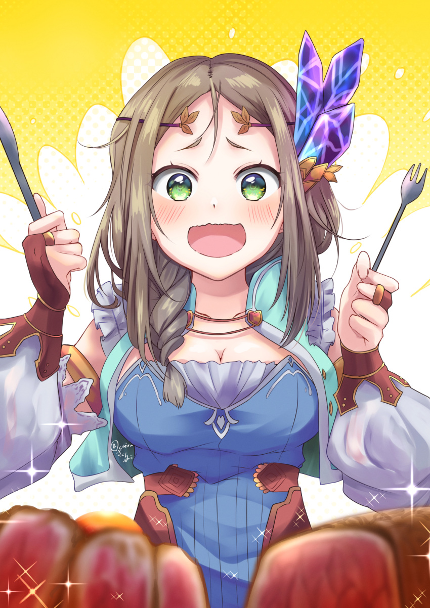 1girl :d atelier_(series) atelier_firis blue_jacket blue_shirt blush braid breasts brown_hair cleavage commentary_request cropped_jacket crystal_hair_ornament detached_sleeves excited firis_mistlud food fork frills green_eyes hair_ornament hair_over_shoulder hands_up highres holding holding_fork holding_knife jacket knife long_hair looking_at_viewer meat medium_breasts open_clothes open_jacket open_mouth shirt single_braid smile snowstar solo sparkle white_sleeves yellow_background