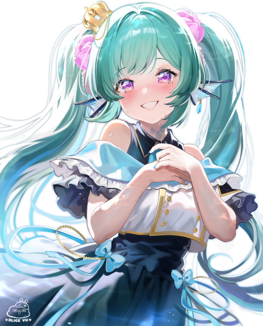 1girl absurdres alice_vu black_dress blue_nails crown crying crying_with_eyes_open dress finana_ryugu fins flower green_hair hair_flower hair_ornament hands_on_own_chest head_fins highres long_hair nijisanji nijisanji_en off_shoulder purple_eyes purple_flower smile solo tears transparent_background twintails virtual_youtuber