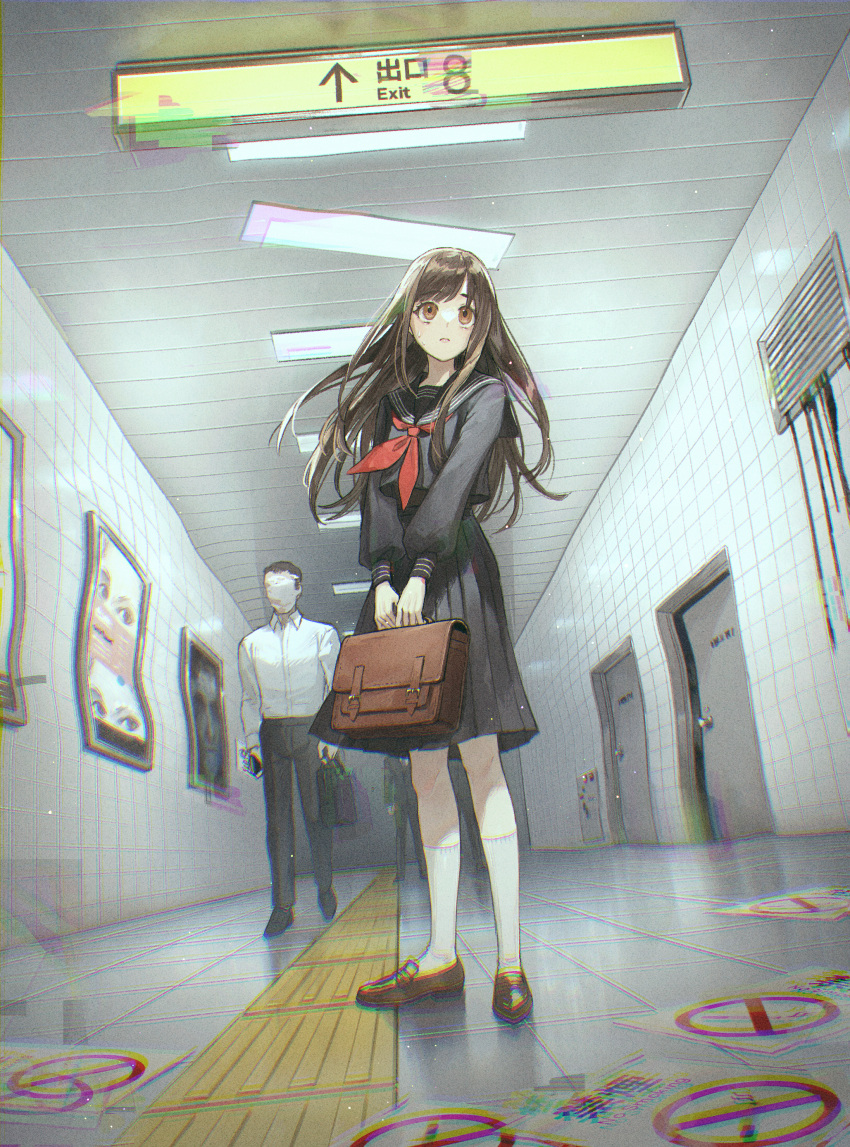 1boy 1girl absurdres ad bag black_sailor_collar black_shirt black_skirt blush brown_eyes brown_footwear brown_hair commentary_request distortion exit_sign faceless faceless_male full_body glitch highres holding holding_bag horror_(theme) kotobuki_nashiko looking_afar mary_janes neckerchief original parted_lips pleated_skirt red_neckerchief sailor_collar school_bag school_uniform serafuku shirt shoes sign skirt socks solo_focus standing sweatdrop warped white_socks