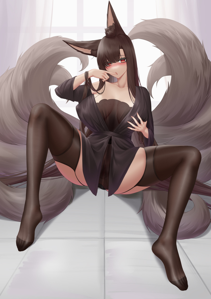 1girl absurdres akagi_(azur_lane) animal_ears azur_lane bare_shoulders blush breasts brown_hair collar covered_nipples dress finger_in_own_mouth finger_to_mouth fox_ears fox_girl fox_tail full_body garter_straps grabbing_own_breast hair_between_eyes hand_up highres ichikushi_mojibake kitsune large_breasts leash legs long_hair looking_at_viewer m_legs multiple_tails no_bra no_panties off_shoulder pussy red_eyes see-through see-through_dress sitting skindentation slit_pupils solo spread_legs tail thighhighs thighs very_long_hair