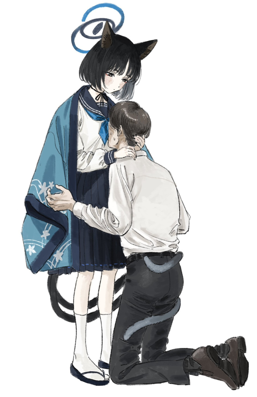 1boy 1girl animal_ears black_eyes black_hair black_nails blue_archive blue_neckerchief blush cat_ears cat_tail collared_shirt commentary_request expressionless eyeshadow face_to_breasts full_body gomibako_(gomibako_price) halo haori highres hug japanese_clothes kikyou_(blue_archive) kneeling looking_at_another makeup multiple_tails neckerchief red_eyeshadow school_uniform sensei_(blue_archive) serafuku shirt short_hair simple_background skirt socks tabi tail two_tails white_background white_shirt white_socks zouri