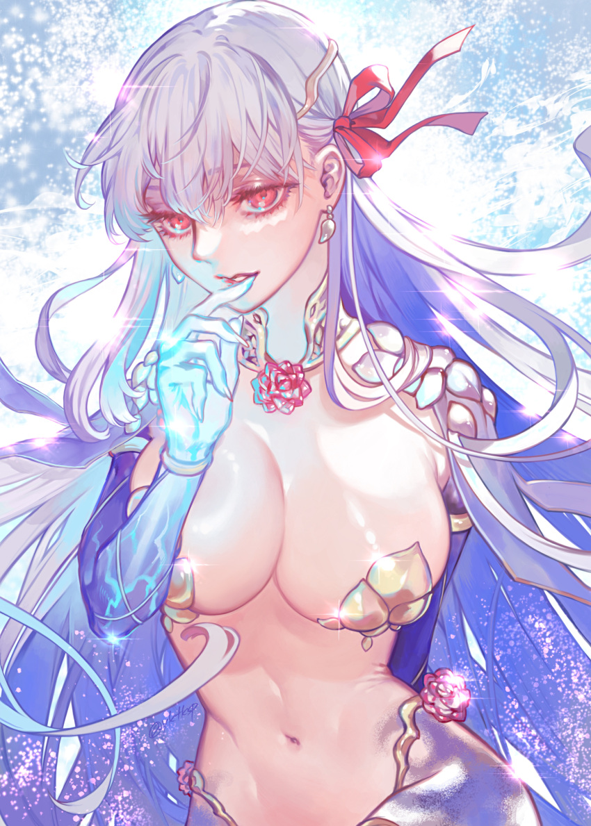 1girl bracelet breasts earrings fate/grand_order fate_(series) finger_to_mouth fingernails gotronix grey_hair hair_ribbon highres jewelry kama_(fate) kama_(third_ascension)_(fate) large_breasts long_fingernails long_hair navel red_eyes ribbon