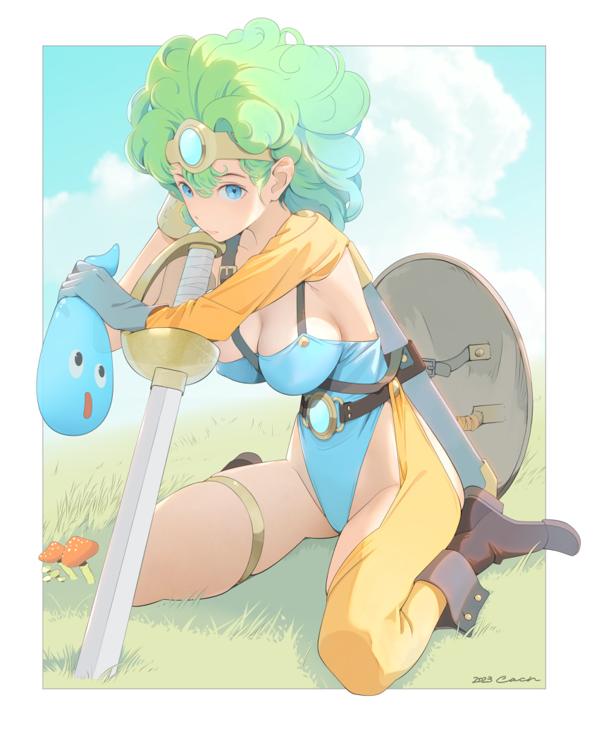 1girl asymmetrical_clothes belt blue_eyes blue_gemstone blue_leotard boots breasts cacn circlet closed_mouth cloud curly_hair detached_sleeves dragon_quest dragon_quest_iv forehead_jewel gem green_hair heroine_(dq4) highleg highleg_leotard highres leotard looking_at_viewer medium_breasts on_grass orange_sleeves orange_thighhighs shield shoulder_belt single_detached_sleeve single_thighhigh sitting slime_(dragon_quest) sword thighhighs thighlet wariza weapon