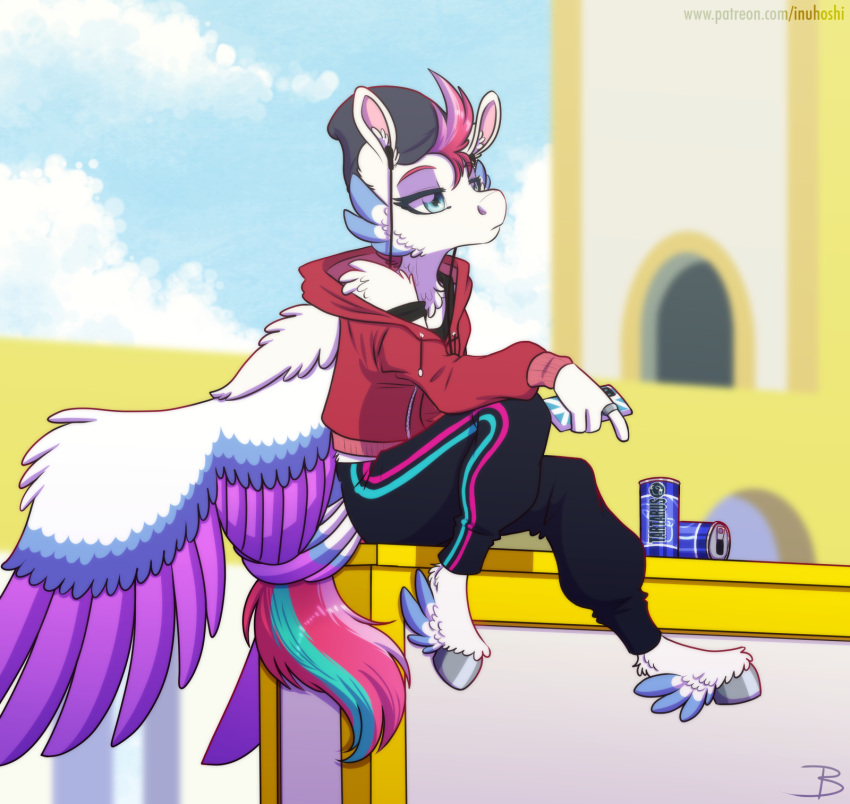 anthro anthrofied beanie beverage_can big_wings blue_eyes can cellphone clothing container earbuds equid equine female fur hasbro hat headgear headphones headwear hi_res hoodie hooves inuhoshi-to-darkpen mammal mlp_g5 multicolored_wings my_little_pony pegasus phone ring sitting smartphone topwear tracksuit white_body white_fur wings zipp_storm_(mlp)