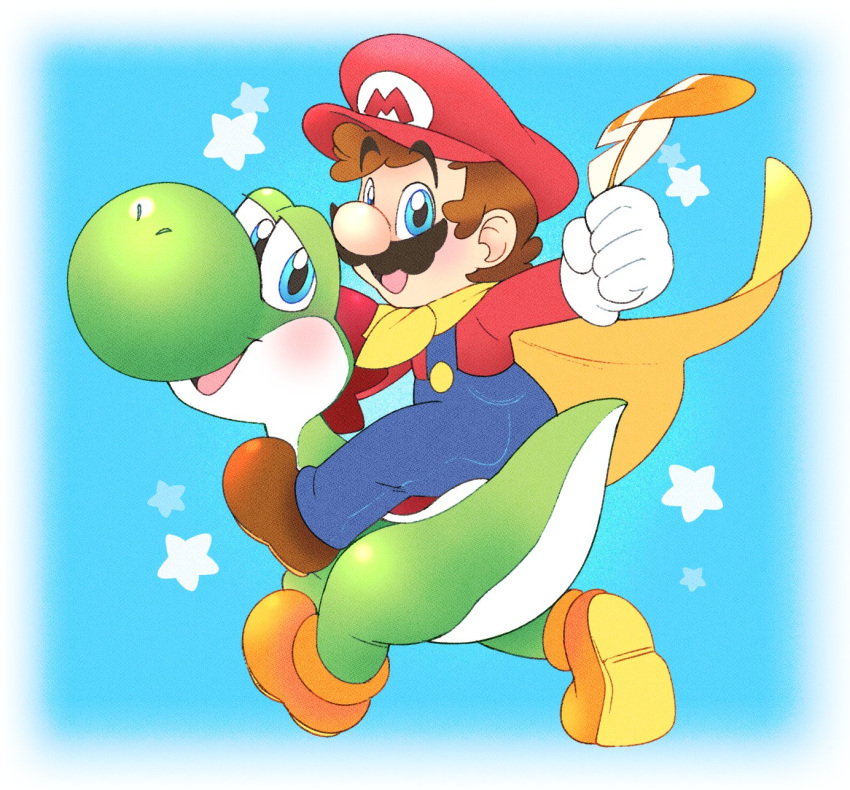 blue_background blue_eyes brown_footwear brown_hair cape colored_skin facial_hair feathers gloves green_skin highres holding holding_feather looking_at_viewer male_focus mario mario_(series) mustache open_mouth orange_footwear overalls riding smile star_(symbol) super_mario_world tail vergolophus white_gloves yoshi