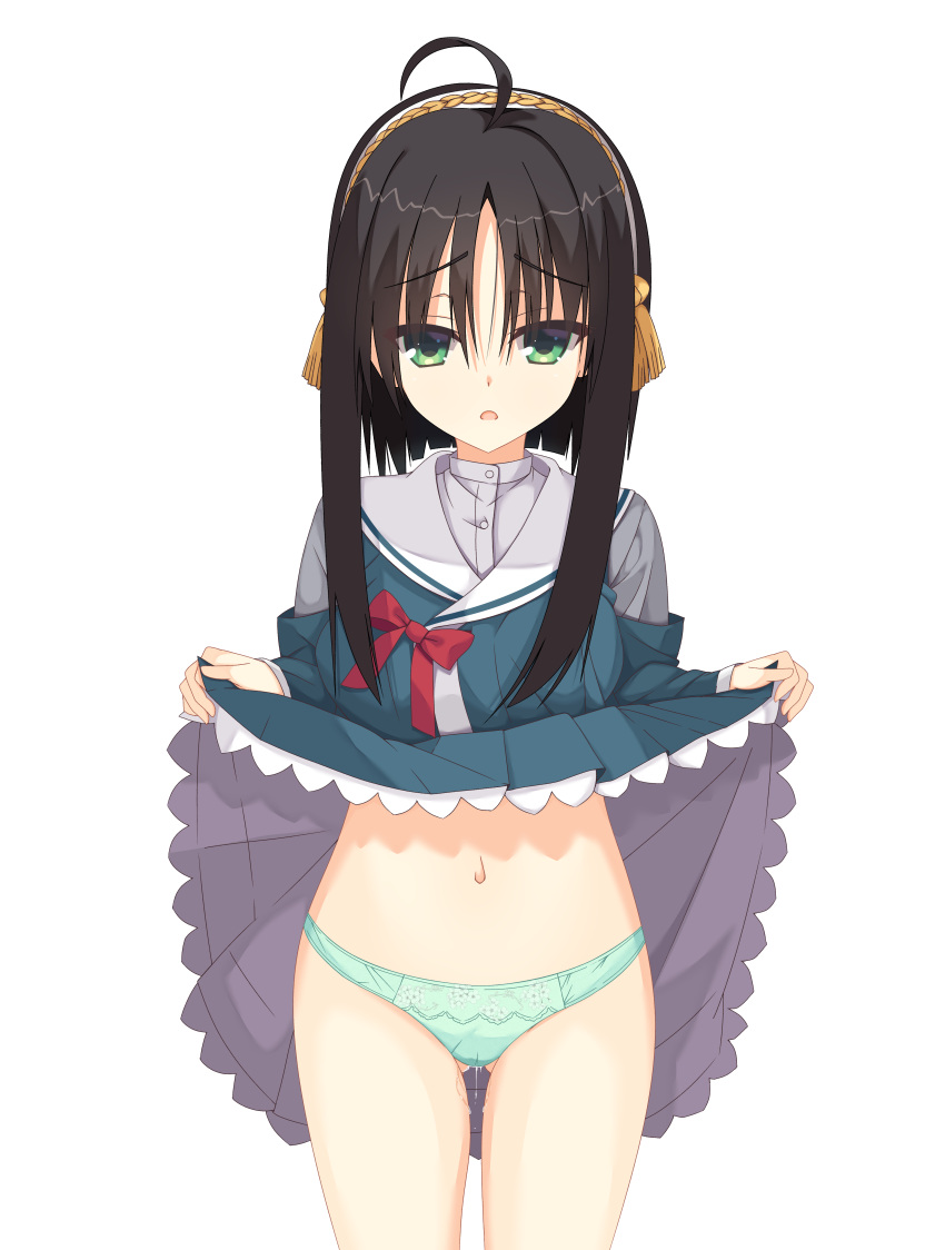 1girl absurdres ahoge ass_visible_through_thighs black_hair bow clothes_lift commentary cowboy_shot floral_print frilled_skirt frills frown furrowed_brow green_eyes green_jacket green_panties green_skirt groin hair_between_eyes hair_ornament highres hitachi_mako jacket kaon_zz lifted_by_self long_sleeves looking_at_viewer navel open_mouth panties presenting pussy_juice red_bow sailor_collar school_uniform senren_banka short_hair_with_long_locks shy simple_background skirt skirt_lift solo standing stomach straight-on straight_hair tassel tassel_hair_ornament underwear white_background white_sailor_collar yellow_tassel