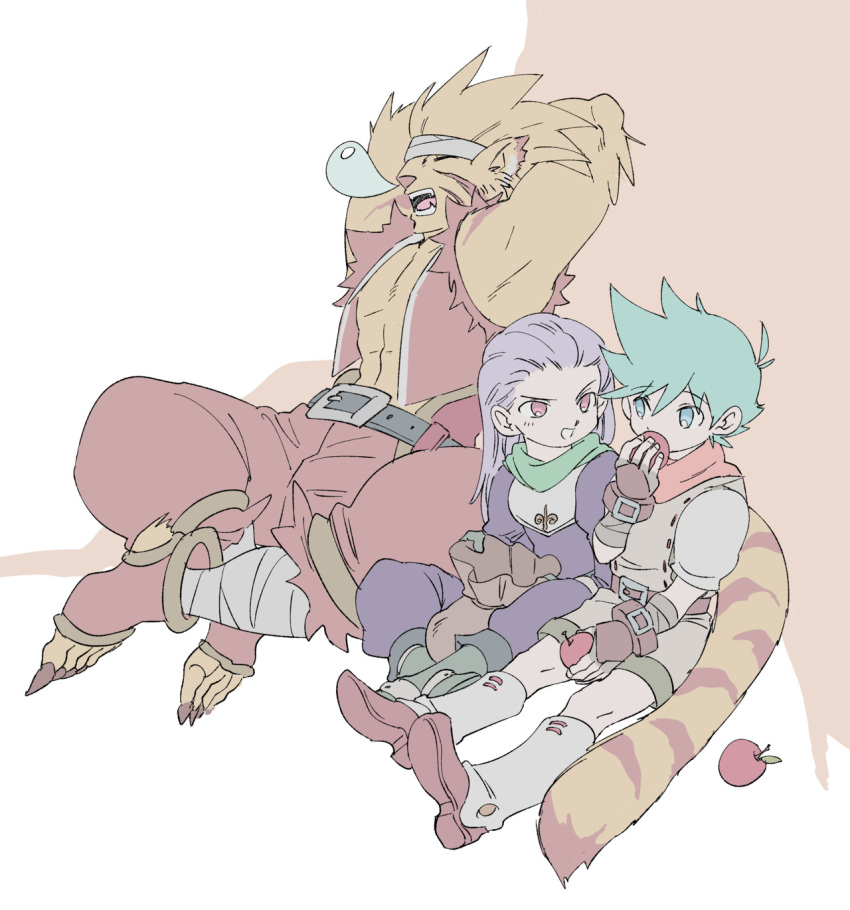 animal_ears apple armor bag bandana belt blonde_hair blue_eyes breastplate breath_of_fire breath_of_fire_iii cat_ears cat_tail closed_eyes damegamega eating food fruit furry furry_male highres holding holding_food holding_fruit long_hair looking_at_another open_mouth pants purple_hair raised_eyebrows red_eyes rei_(breath_of_fire) ryuu_(breath_of_fire_iii) scarf sharp_toenails short_hair shorts simple_background sleep_bubble sleeping striped tail teepo toenails tree white_background yellow_fur