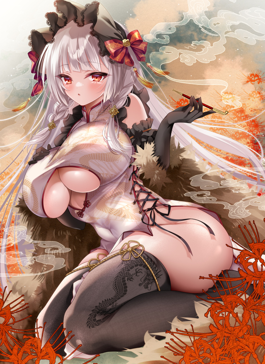 1girl akatsuki_(aktk511) black_gloves black_thighhighs blunt_bangs bow braid breasts china_dress chinese_clothes clothing_cutout commentary cross-laced_slit curvy dragon_print dress elbow_gloves gloves hair_bow higanbana_(onmyoji) highres holding holding_smoking_pipe huge_breasts looking_at_viewer medium_hair no_panties onmyoji open_mouth paid_reward_available red_bow red_eyes smoke smoking_pipe solo tassel thick_thighs thighhighs thighs twin_braids underboob underboob_cutout white_hair