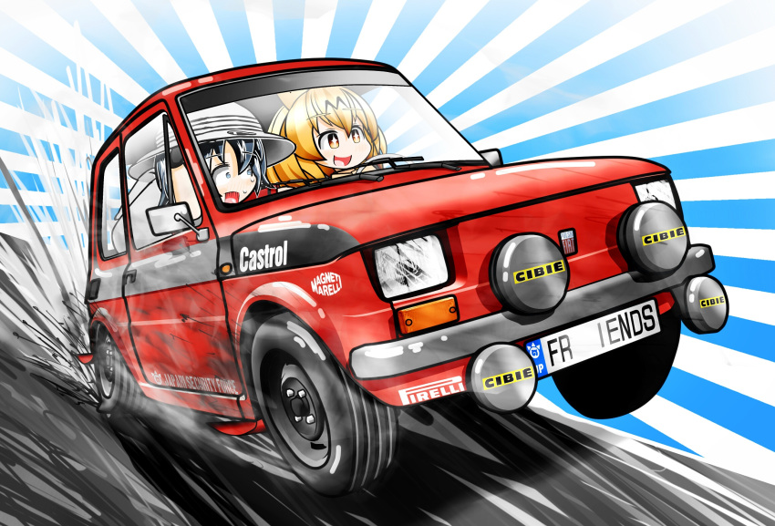 2girls :d animal_ears black_hair blonde_hair car castrol commentary_request english_text fiat fiat_126 hat highres kaban_(kemono_friends) kaito_(stop404man) kemono_friends motor_vehicle multiple_girls open_mouth red_car scared serval_(kemono_friends) short_hair smile sweat vehicle_focus white_headwear