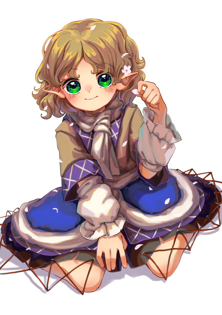 1girl absurdres arm_warmers black_skirt blonde_hair blush brown_shirt closed_mouth green_eyes highres looking_at_viewer matsukuzu mizuhashi_parsee pointy_ears shirt short_hair simple_background sitting skirt solo touhou wariza white_background