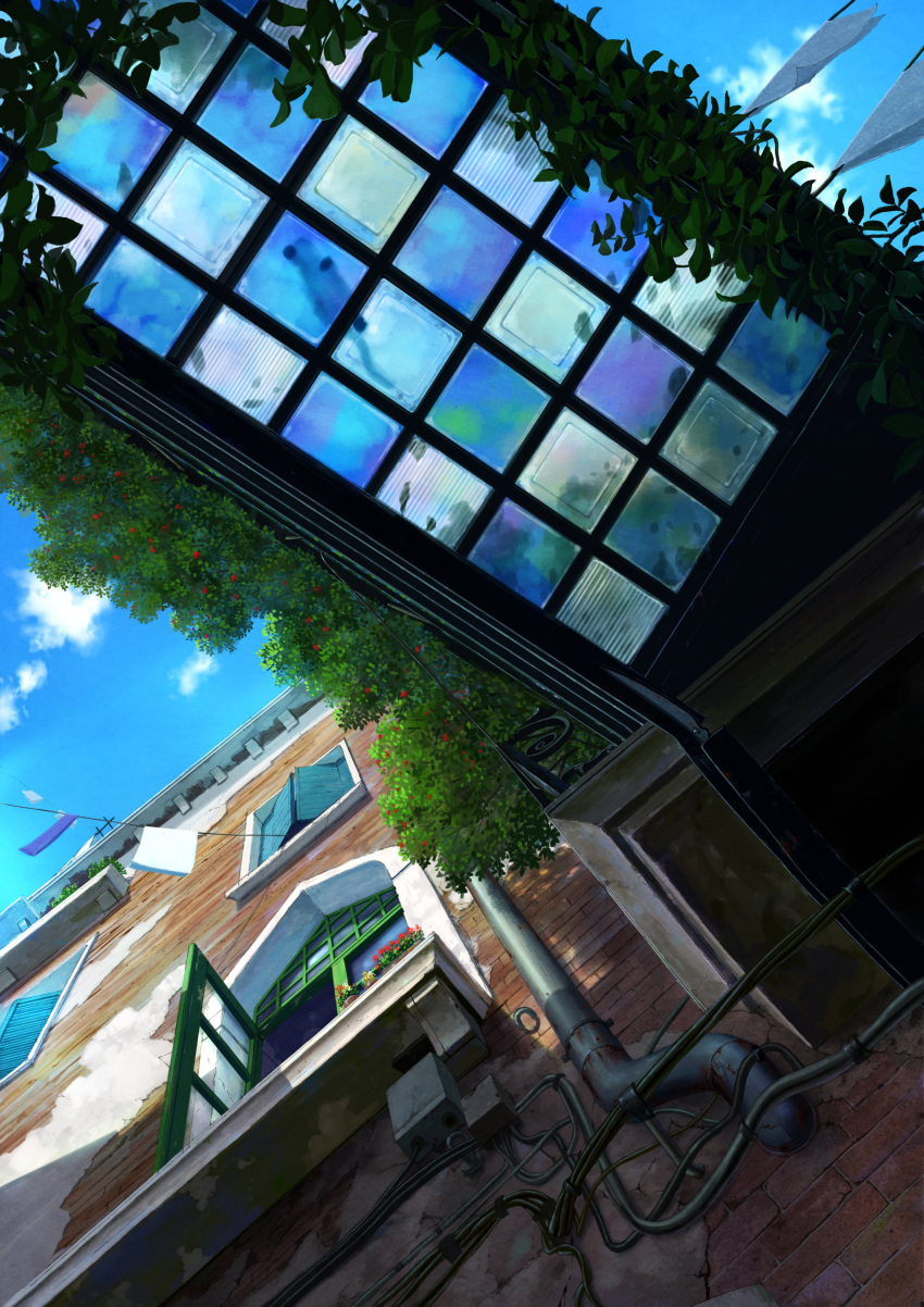 absurdres berry blue_sky building bush ceiling clothes cloud cloudy_sky glass glass_ceiling highres industrial_pipe lead_pipe no_humans open_window original outdoors pei_(sumurai) plant potted_plant scenery sky vines wall window windowsill wire