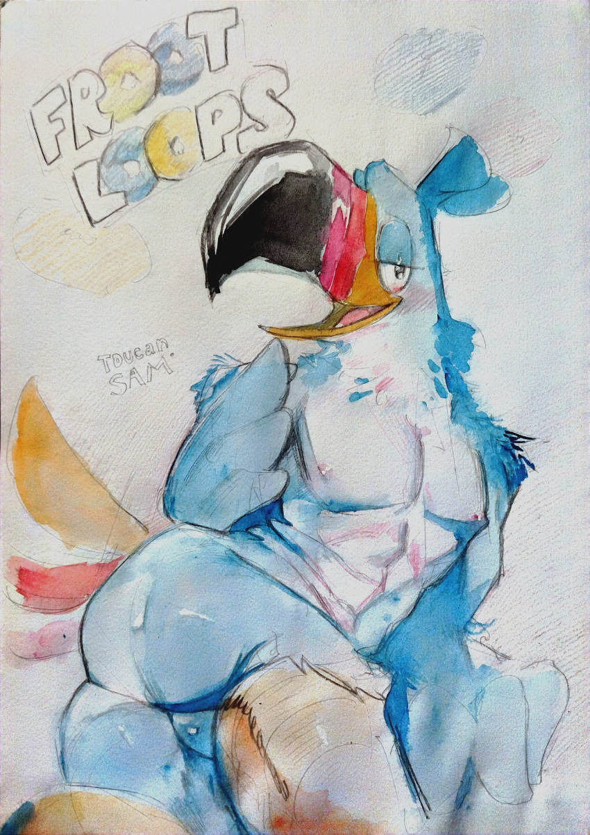 abs absurd_res anthro athletic athletic_anthro avian beak bird blue_body blue_feathers blush butt feathers froot_loops hi_res kellogg's kogito lidded_eyes lying male mascot nipples nude pecs smile solo tail_feathers toucan toucan_sam traditional_media_(artwork)