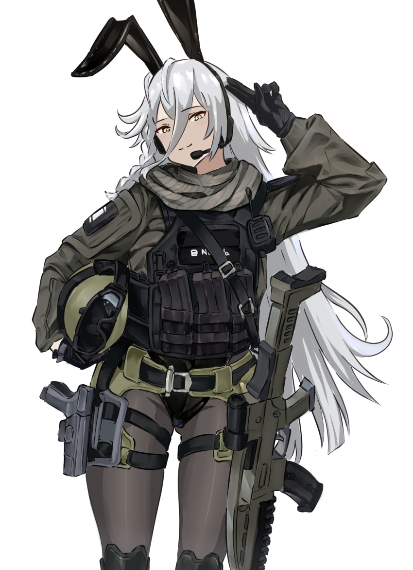 1girl arm_up black_gloves black_leotard brown_eyes brown_headwear brown_jacket brown_pantyhose carrying carrying_under_arm character_request commentary_request girls'_frontline gloves goggles goggles_on_headwear grey_hair gun hair_between_eyes handgun headwear_removed helmet helmet_removed highres holster holstered jacket leotard leotard_under_clothes long_hair long_sleeves magazine_(weapon) mutugorou_u pantyhose puffy_long_sleeves puffy_sleeves salute simple_background solo standing thigh_holster very_long_hair weapon weapon_request white_background