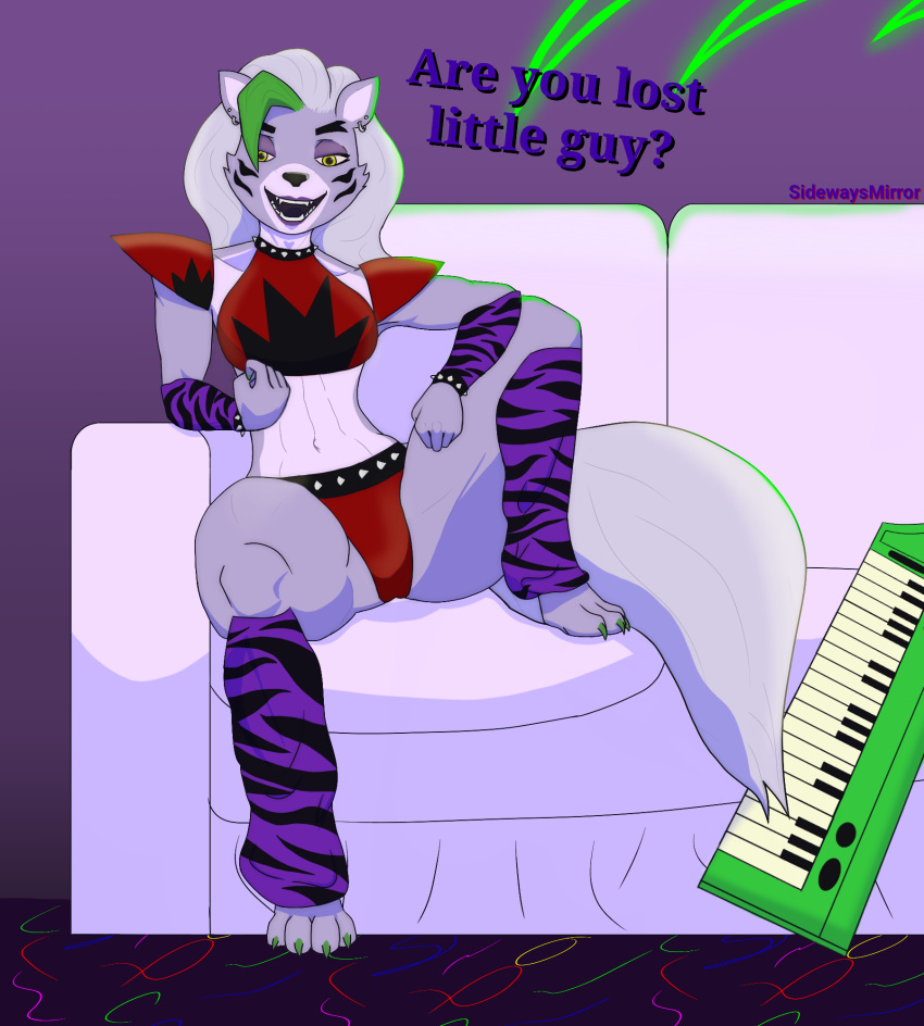 anthro beckoning bracelet canid canine canis choker clothed clothing collar english_text female five_nights_at_freddy's five_nights_at_freddy's:_security_breach furniture gesture hi_res jewelry looking_at_viewer makeup mammal necklace roxanne_wolf_(fnaf) scottgames sidewaysmirror sitting skimpy sofa solo solo_focus spiked_bracelet spiked_collar spikes steel_wool_studios text wolf
