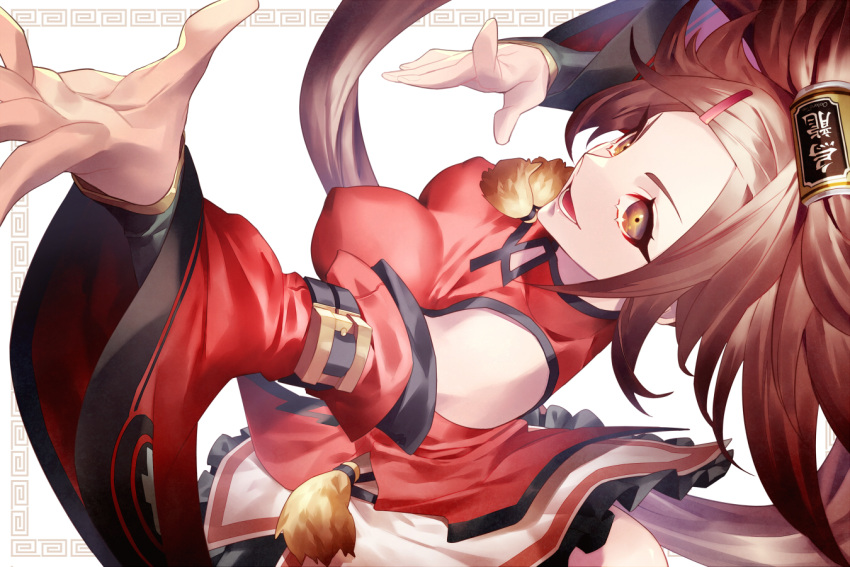 1girl bare_shoulders breasts brown_eyes brown_hair china_dress chinese_clothes covered_nipples detached_sleeves dress guilty_gear guilty_gear_xrd hair_ornament hairclip kuradoberi_jam large_breasts long_hair open_mouth pleated_skirt simple_background skin_tight skirt solo talgi white_background wide_sleeves
