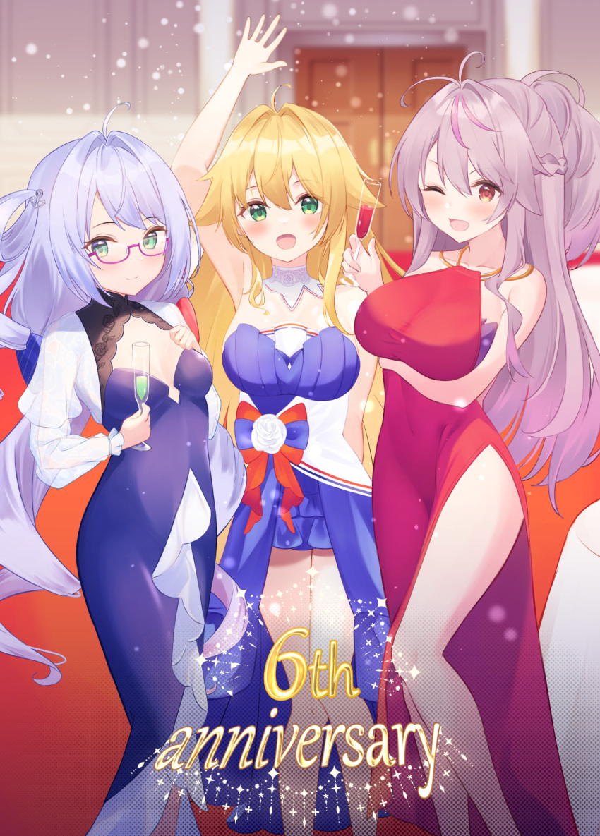 3girls :d ;d alternate_costume anniversary arm_under_breasts arm_up azur_lane bare_arms bare_shoulders blonde_hair blue_dress blue_hair blurry blurry_background blush breasts brown_eyes champagne_flute closed_mouth commentary_request cup depth_of_field dress drinking_glass glasses green_eyes grenville_(azur_lane) grey_hair hair_between_eyes hair_rings highres holding holding_cup l'opiniatre_(azur_lane) large_breasts le_temeraire_(azur_lane) long_sleeves looking_at_viewer multiple_girls one_eye_closed puffy_long_sleeves puffy_sleeves purple-tinted_eyewear red_dress roido_(taniko-t-1218) see-through see-through_sleeves semi-rimless_eyewear small_breasts smile standing tinted_eyewear under-rim_eyewear