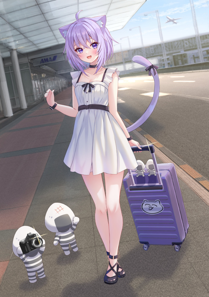 1girl absurdres ahoge aircraft airplane airport animal_ear_fluff animal_ears black_bow black_footwear black_ribbon blush bow brand_name_imitation camera cat_ears cat_girl cat_tail commentary_request dress dutch_angle full_body highres hololive looking_at_viewer medium_hair nekomata_okayu onigirya_(nekomata_okayu) open_mouth purple_eyes purple_hair ribbon road short_dress sleeveless sleeveless_dress smile solo standing suitcase tail tail_ornament tail_ribbon togemaru34 virtual_youtuber white_dress wristband