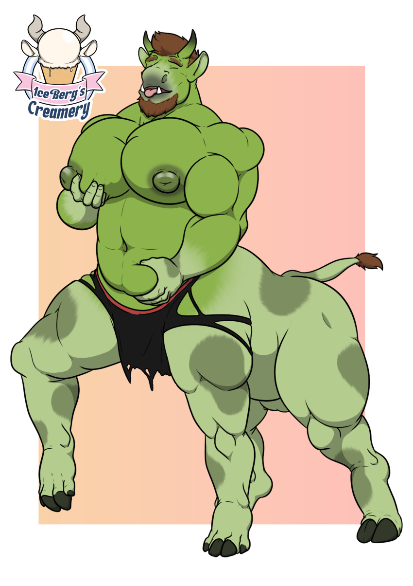 1ceberg absurd_res belly belly_expansion belly_grab big_pecs bovid bovid_taur bovine bovine_taur cattle cattle_taur clothing expansion hi_res humanoid male mammal mammal_taur muscular muscular_male orc pec_expansion pec_grab pecs slightly_chubby solo standing taur torn_clothing transformation