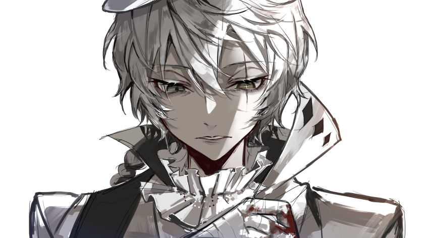1boy absurdres bandaged_hand bandages blood blood_on_hands braid bungou_stray_dogs expressionless green_eyes grey_eyes hair_between_eyes heterochromia highres jacket long_hair looking_at_viewer looking_down male_focus nikolai_gogol_(bungou_stray_dogs) parted_lips portrait simple_background single_braid solo white_background white_hair white_headwear white_jacket ya_ta